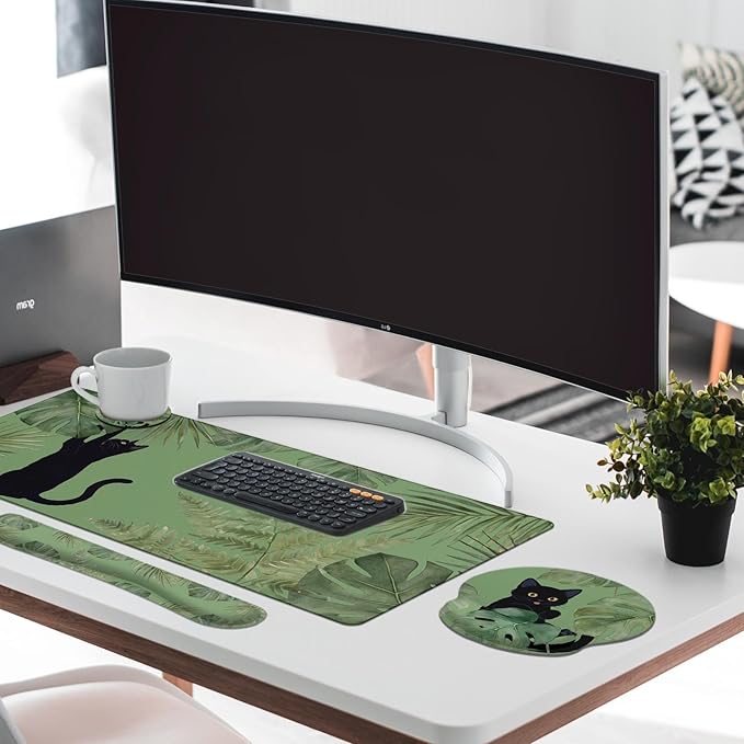 Britimes Sage Olive Green Leaves Keyboard Mouse Pad Set Funny Cute Cat 4in1 Large Mousepad+Keyboard Wrist Rest+Mouse Wrist Rest+Coaster Ergonomic Design for Home Office Computer 35.4x15.7 inches