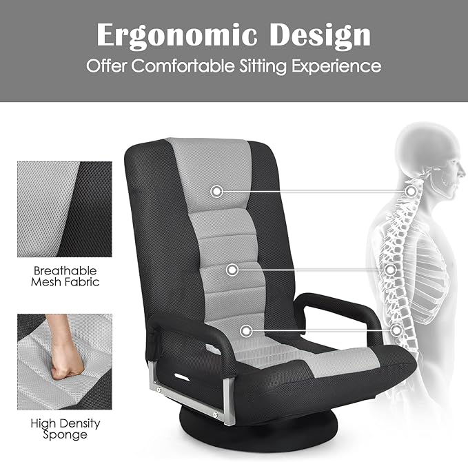 Giantex Floor Gaming Chair 360 Degree Swivel Floor Chair with Armrests 6 Adjustable Position Padded Backrest Folding Floor Chair Rocker for Games Lazy Sofa Lounger Gaming Chair Floor Black/Gray