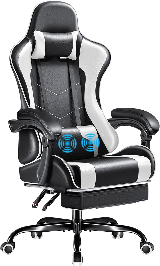 Furmax Gaming Chair Video Game Chair with Footrest and Massage Lumbar Support Swivel Seat Height Adjustable Computer Chair with Headrest Racing E-Sport Gamer Chair (White)