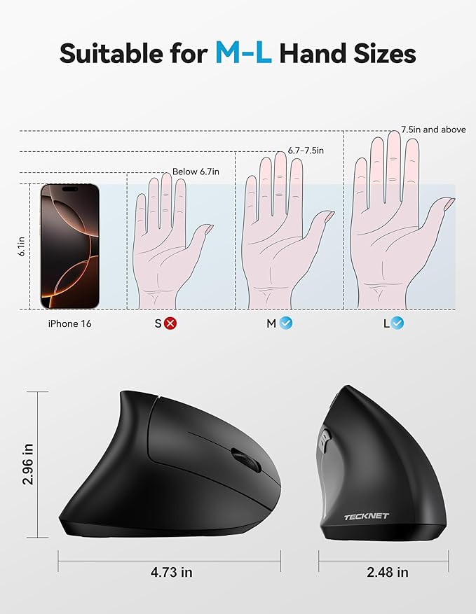 TECKNET Ergonomic Mouse Rechargeable Bluetooth - 4800 DPI Vertical Mice 6 Adjustable Levels Wireless Optical Carpal Tunnel Mouse Right Hand Multi Device for Laptop PC Computer MacBook - Black