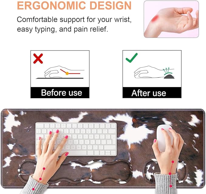 Ergonomic Keyboard Wrist Rest &amp Mouse Pad Wrist Rest Set Large XXL Gaming Desk Mat 31.5x 11.8 with Non-Slip Base Memory Foam Easy Typing Pain Relief for Home &amp Office Brown Cow Print