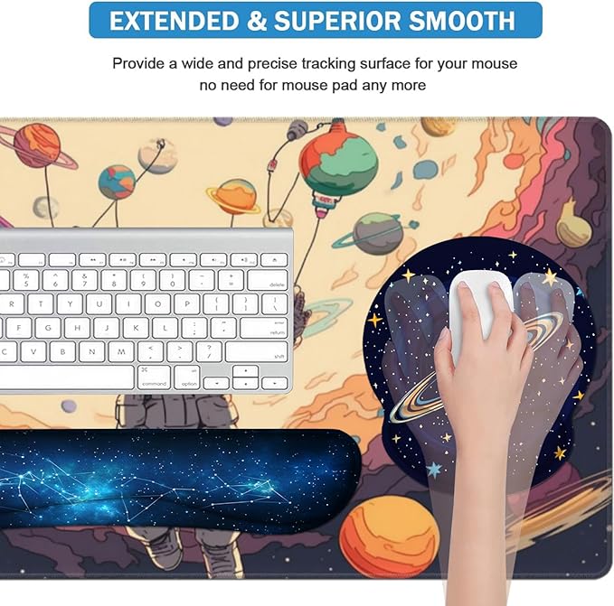 AQQA 5-in-1 Large Gaming Mouse Pad Mousepad with Wrist Support Set- Ergonomic Gaming Desktop Mouse Pad Wrist Rest - Cup Coaster Keyboard Mouse Mat Desk Pad with Stitched EdgesUniverse