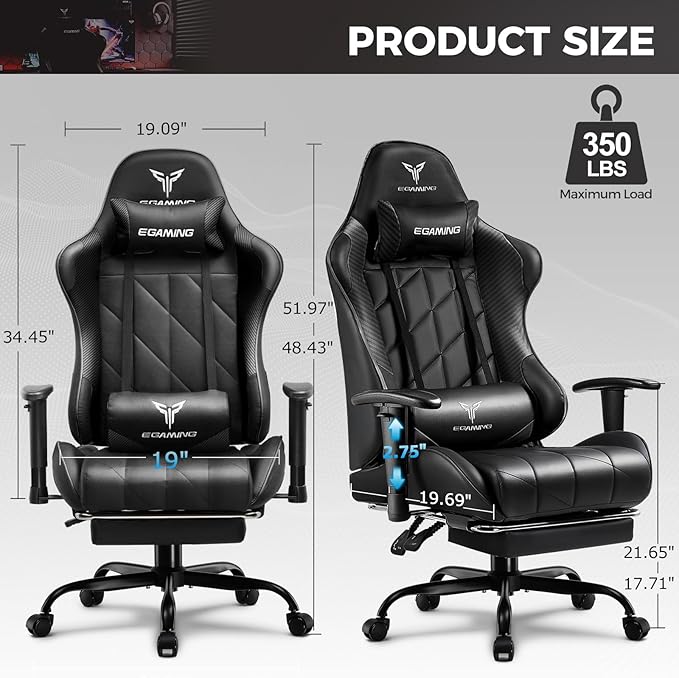 Gaming Chair Big and Tall Video Game Chair with High Back PU Leather Home Office Ergonomic Computer Chair with Footrest Adjustable Height 360° Swivel Wheels for Adults and Teens