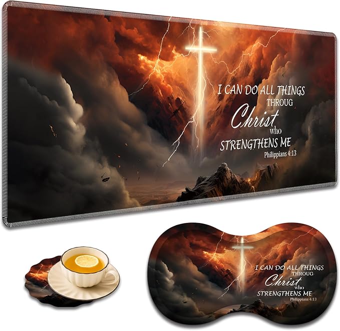Large Game Mouse Pad + Wrist Support Pad + Coffee Coaster Desk Pad with Sewn Edges Anti-Slip Set pad Suitable for Office Work and Home - Holy Cross Bible Philippians 4-13