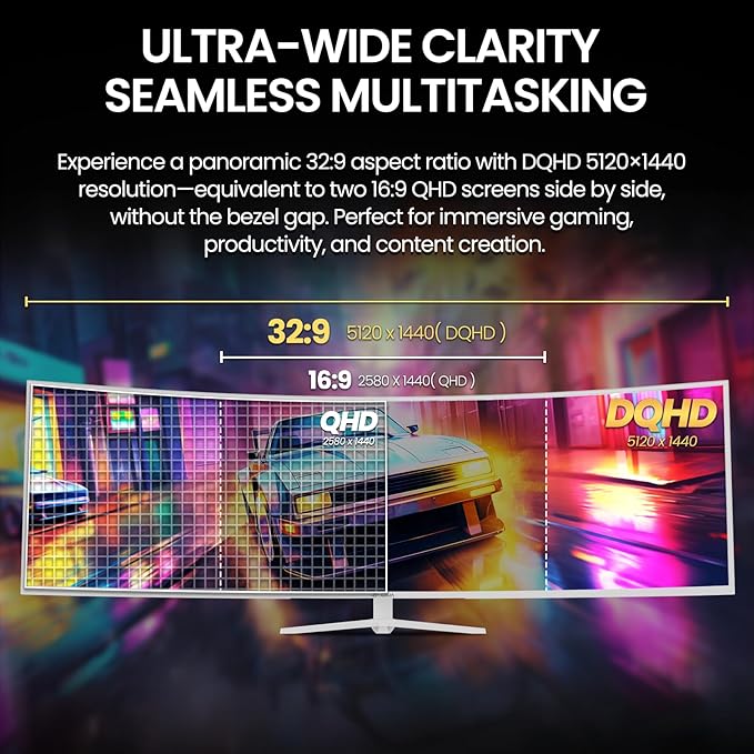 CRUA 49 White Curved Monitor | DQHD(5120 * 1440) 120Hz 1500R 32:9 AMD FreeSync 120% sRGB Height Adjustable Ultra-Wide Screen Computer Monitors HDMI 2.1 &amp DP 1.4 Wall Mount Install