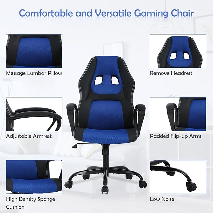 Gaming Chair Office Chair Ergonomic Video Game Chairs Adjustable Reclining Computer Chair with Lumbar Support Armrest Headrest Task Rolling Swivel Chair Game Chair for Adult Teen - Blue