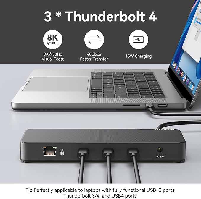 MOKiN Thunderbolt 4 Dock with 85W Charging Laptops Docking Station Dual Monitor for MacBook 3X TB4 Ports 40Gbp/s 2.5GbE EthernetUSB A 3.1Audio SD Compatible for Thunderbolt 3/4 Mac/PC