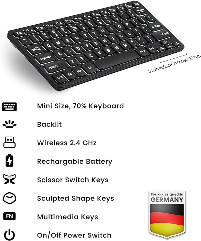 Perixx PERIBOARD-732B Wireless Backlit Mini Keyboard - X Type Scissor Keys - White Backlit - US EnglishBlack11950