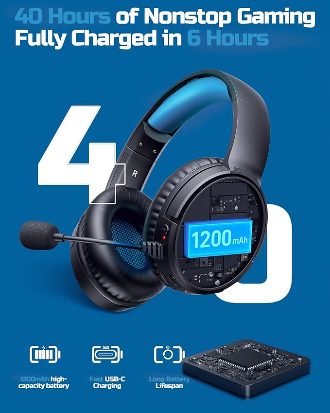 BINNUNE Wireless Gaming Headset — 2.4GHz Low-Latency USB Dongle + Bluetooth 50mm Drivers 7.1 Surround Noise-Cancelling Mic 40H Battery — Over Ear Wireless Headphones for PS5 PC Laptop Blue