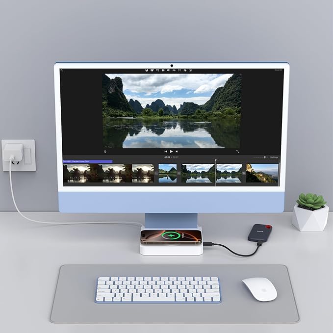 USB C Hub for iMac 24-inch 2021/2023/2024 10Gbps USB-C*2 &amp USB-A SD/TF Reader 15W Wireless Charge Accessory Adaptor for iMac M1 M3 M4