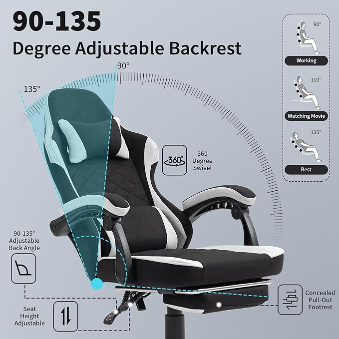Gaming Chair with Footrest for Adults - Ergonomic Gaming Chairs with Foot Rest - Big and Tall Computer Game Chair - Fabric Reclining Video Game Chairs with Spring Cushion - Black/Light Grey