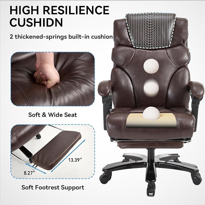 Heavy Duty Executive Office Chair 550lbs Big and Tall Office Chair with Wide Seat Reclining Ergonomic Desk Chair with Footrest PU Leather Computer Chair for Home Office Brown