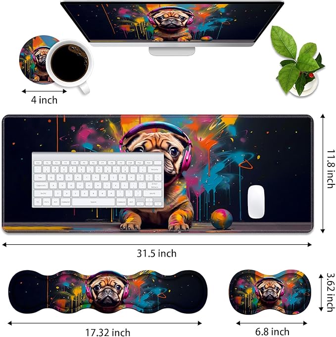 4 in 1 Ergonomic Memory Foam Mouse Pad Wrist Rest Set Large XXL Gaming Desk Pad + Keyboard Wrist Rest + Mouse Wrist Cushion + Coaster for Home Office Study Gaming Cute Pug with Headphones
