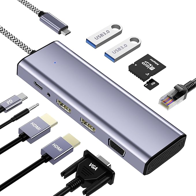 Docking Station Dual Monitor USB C to Dual HDMI Adapter 10 in 1 Laptop Docking Station 3 Monitors with HDMI/VGA/PD/Ethernet/USB/SD/TF/3.5mm Audio