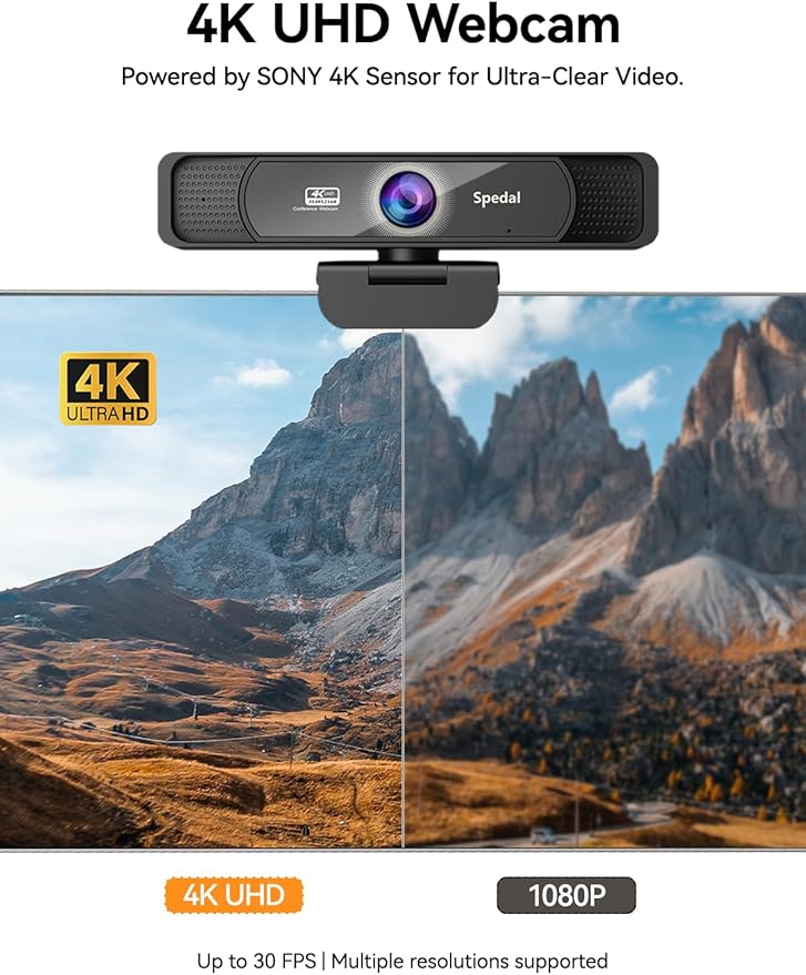 Spedal 4K Webcam with Tripod Wide Angle 120° USB Webcam Sony 1/2.8 Sensor Dual Microphones Remote Control Auto Focus for Video Conferencing Online Meetings Streaming Zoom &amp Teams