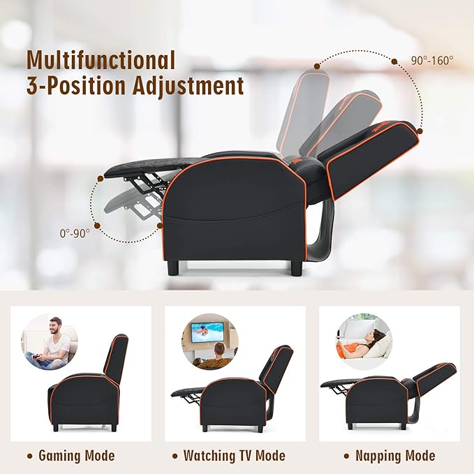 GYMAX Massage Gaming Recliner Chair Ergonomic Racing Style Single Sofa with Adjustable Headrest Backrest &amp Footrest Home Theater Sofa for Living Room Office (Orange)