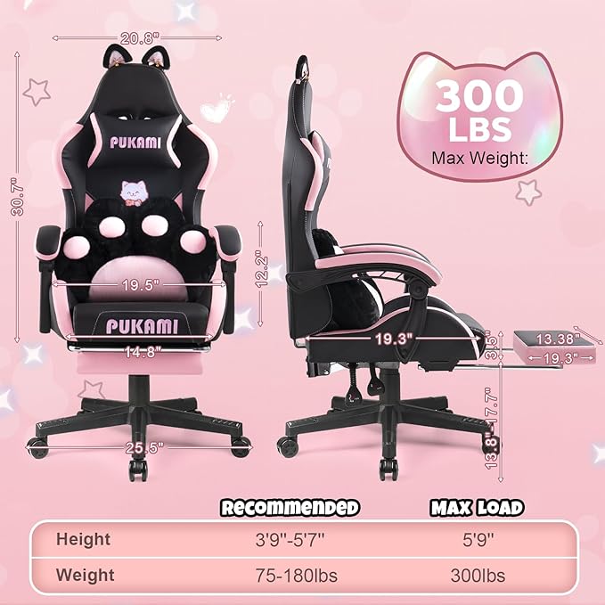 Black Gaming Chair with Cat Ears and Cat Paw Lumbar Cushion Cute Ergonomic Gaming Computer Desk Chair with Footrest and Linked Armrests Comfortable PU Leather Game Chair for Girls and Adults