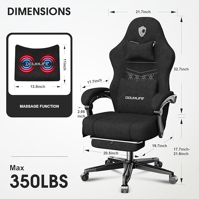 Gaming Chair Fabric Computer Office Chair with Massage Ergonomic Chair with Footrest Lumbar Support Pocket Spring Widened Cushion Metal Legs 350LBS Black