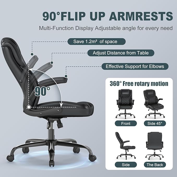 AnyGod Executive Office Chair Comfy Ergonomic Computer Desk Chairs with Flip-up Armrests Lumbar Support High Back 360° Swivel and Rocking Function for Home Office