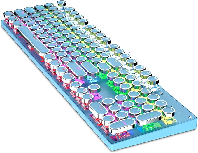 Typewriter Style Mechanical Gaming Keyboard Blue Retro Punk Gaming Keyboard with 9 True RGB Backlight Modes 104 Keys Blue Switch Wired Cute Keyboard Round Keycaps for Windows/Mac/PC