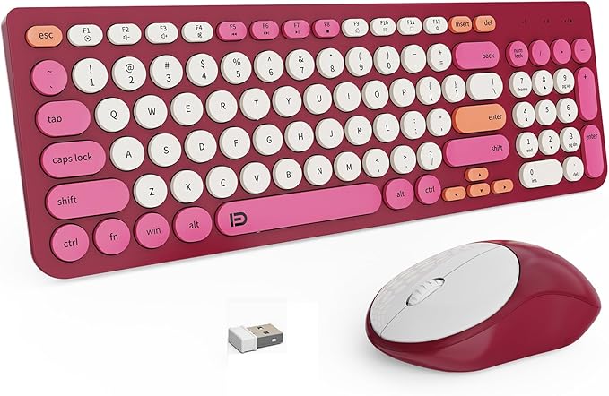 FD Wireless Keyboards and Mouse Combo - 2.4GHz USB Cordless Cute Wireless Keyboard Round Keys Quiet and Slim Set for Laptop Computer TV and Mac - Strawberry White Colorful
