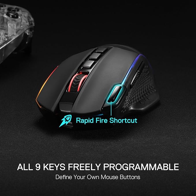 Redragon M991 Wireless Gaming Mouse 26000 DPI 3-Mode Gamer Mice w/Rapid Fire Key 9 Macro Buttons Powerful Capacity and RGB Backlight for PC/Mac/Laptop Black