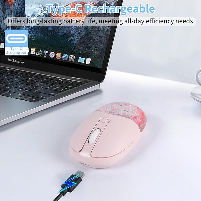 Wireless Mouse with Liquid Quicksand Sequins 2.4GHz &amp Bluetooth Dual Mode Rechargeable Silent Cute Aqua Mouse with LED Light Portable Water Mice for Laptop PC Tablet MacBook Kids Adults Gift (Pink