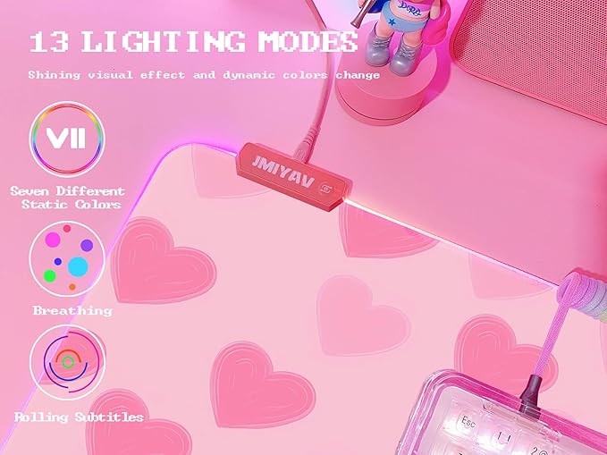 JMIYAV Pink RGB Gaming Mouse Pad 31.5x12 Inch PC XL Large Extended Glowing Led Light Up Desk Pad Non-Slip Rubber Base Computer Cute Mousepad Mat Desk Accessories Gaming Setup 996