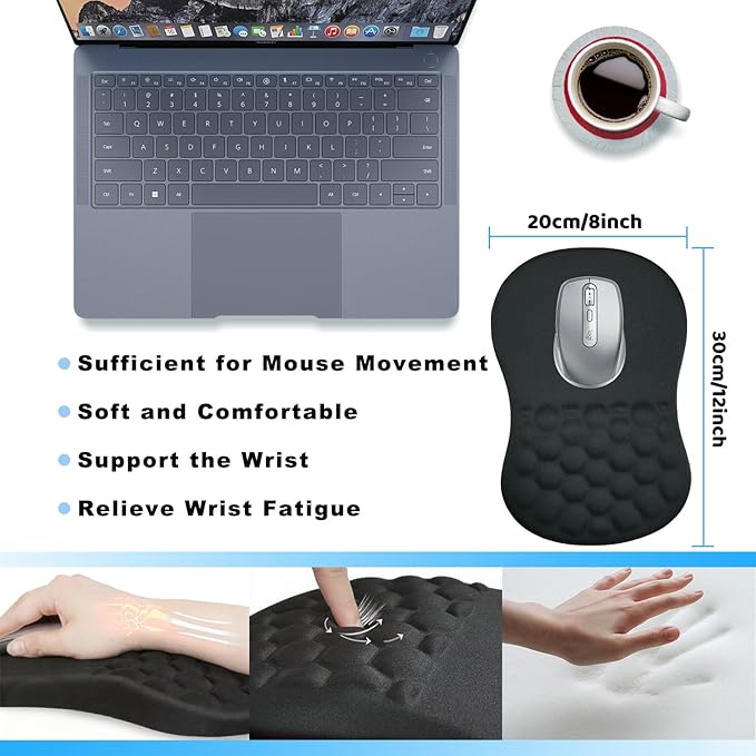 Ergonomic Mouse Pad Wrist SupportMemory Foam Wrist Rest Mousepad for Relieve Wrist Fatigue12x8inch Comfortable Massage Design Mouse MatOffice&ampGame Mouse Pad for LaptopComputerBlack