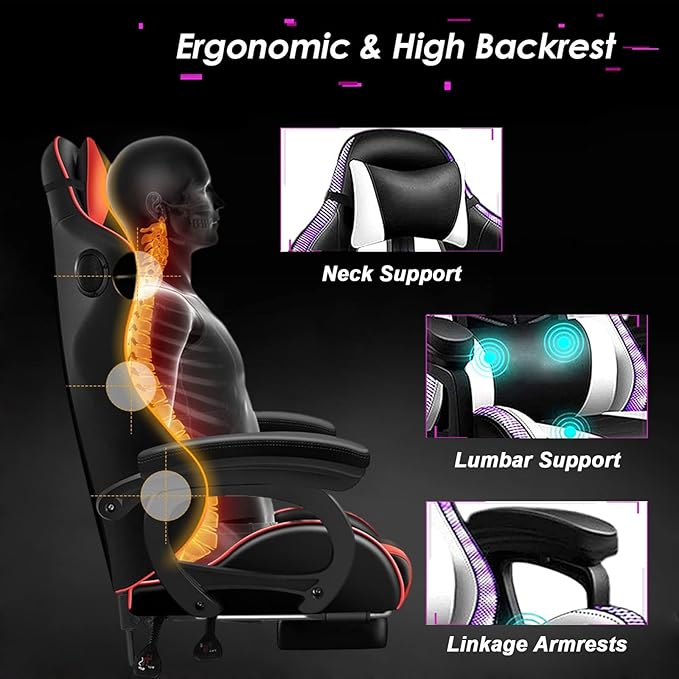 LED Gaming Chair with Speakers Massage Computer Chair Ergonomic Racing Office Chair PU Leather Recliner Swivel Gamer Chair with Lumbar Support Headrest Armrest and FootrestWhite