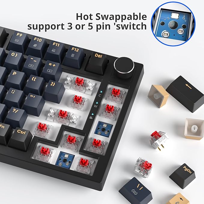 BlueSamurai 75% Wired Mechanical Gaming Keyboard - Hot Swappable Red Switch RGB Backlit 82 Keys TKL Mechanical Keyboard with Volume Control Knob