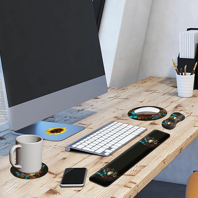 Mouse Pad with Wrist Rest + Keyboard Wrist Rest + Gaming Mouse Pad + Coasters Ergonomic Memory Foam Wrist Pad Set with Easy Typing &amp Pain Relief for Computer Laptop Office &amp HomeBlue Butterfl