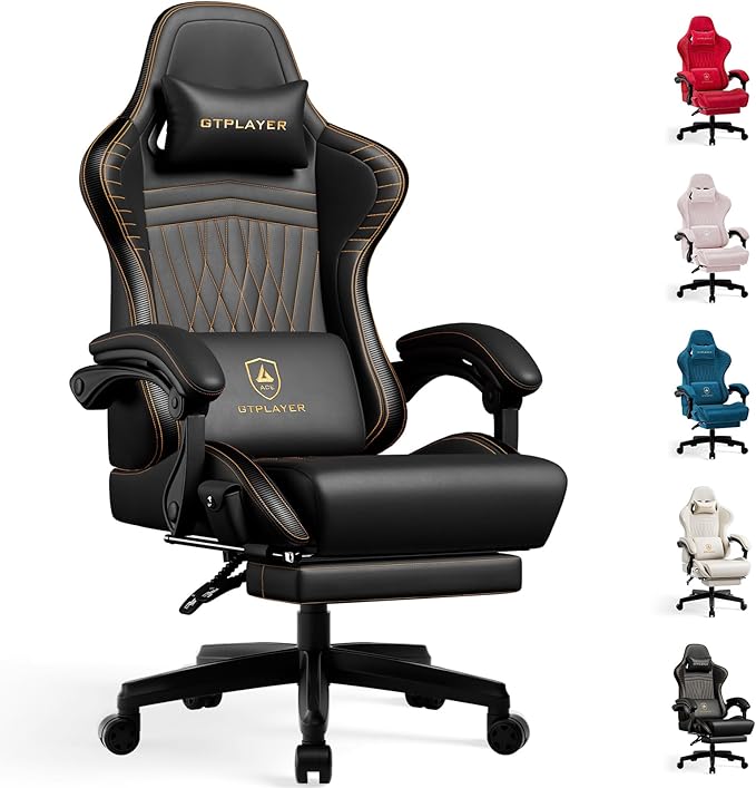 GTPLAYER Gaming Chair with Speakers Video Game Chairs with Footrest PC Gamer Chairs for Adults - Padded High Back Ergonomic Reclining Silla Gamer Linkage Armrest Ace Pro Black &amp Orange Stitch