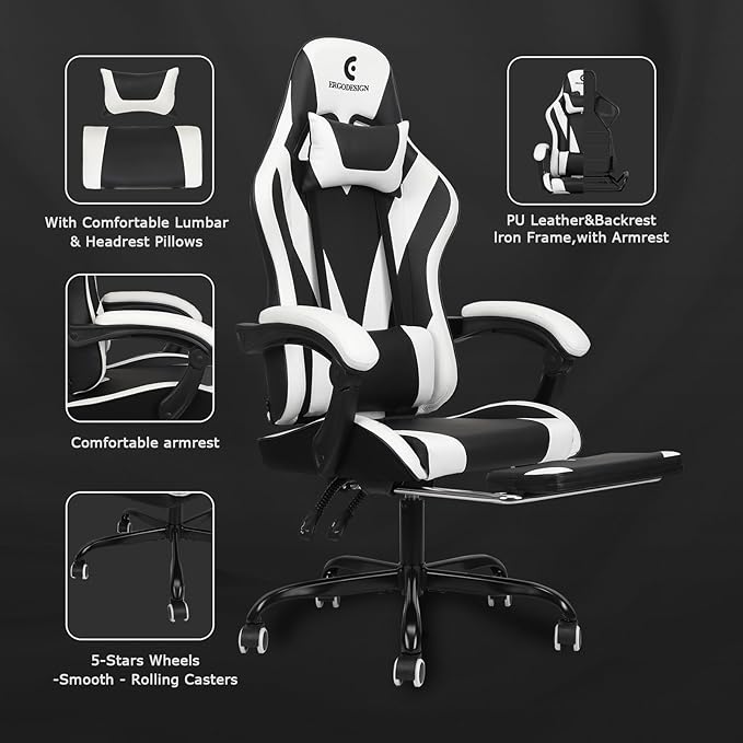 Gaming Chair with Linkage Armrest &amp Footrest High Back Video Gaming Chair Black/White