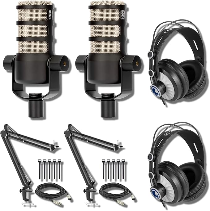 Rode PodMic Dynamic Podcast Microphone (Pair) with StreamEye BOOMARM Mic Arms Over-Ear Podcast Headphones XLR Cables and StreamEye Polishing Cloth