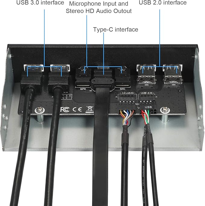 USB2.0 + 3.0 Metal Front 5.25 inch 19Pin Front Panel Adapter 4 USB 3.0 Port hubs and (1HD Audio Port / 1TPY-C Port / 1 Microphone Input)