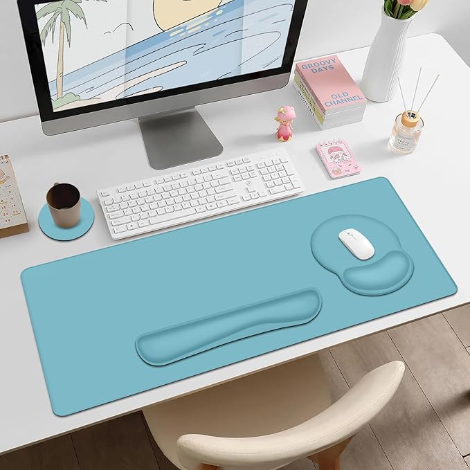 4 PCS Mouse Pad Desk Mat Protector Keyboard Wrist Rest + Comfortable Mouse Pad with Wrist Rest +Coaster Large Gaming Mousepad for Computer Laptop 35.4 X 15.7 XXL Deskpad for Office Home I Blue