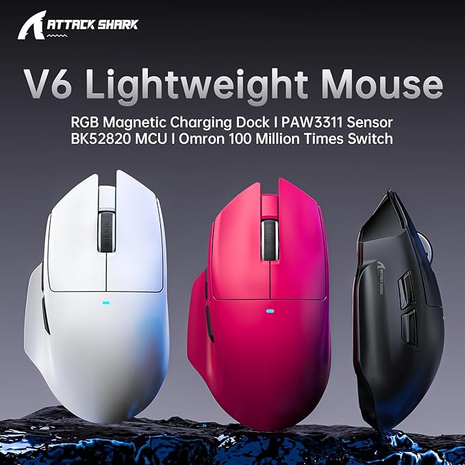 ATTACK SHARK V6 Wireless Gaming Mouse with RGB Charging Dock 25K DPI PAW3311 Sensor 1K Polling Tri-Mode Ergonomic PC Mice 5 Programmable Bottons Cloud-Based AI Driver for Win/MacWhite&ampTape