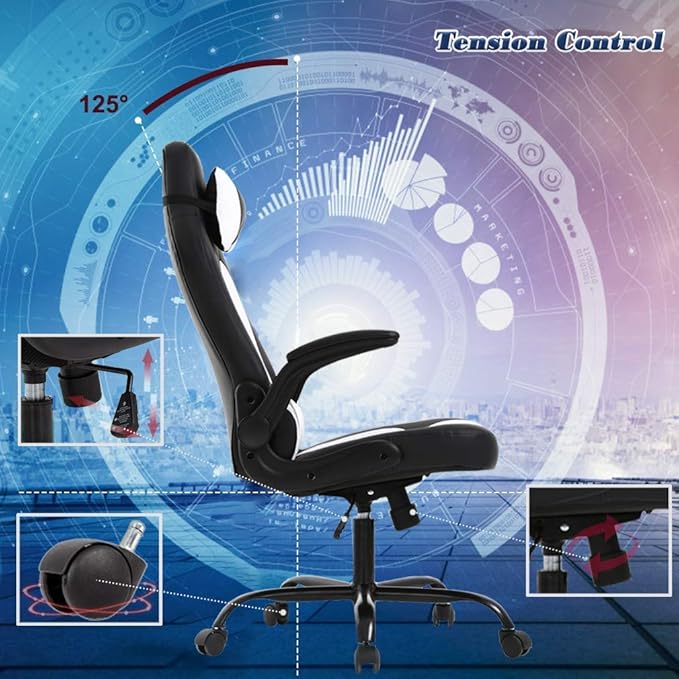 Massage Gaming Chair WhiteGamer Chair Video Game Chair for Adults Desk Chair with Lumbar Support Flip Up Arms Rolling Chair with Wheels for Adults PU Leather Computer Chair