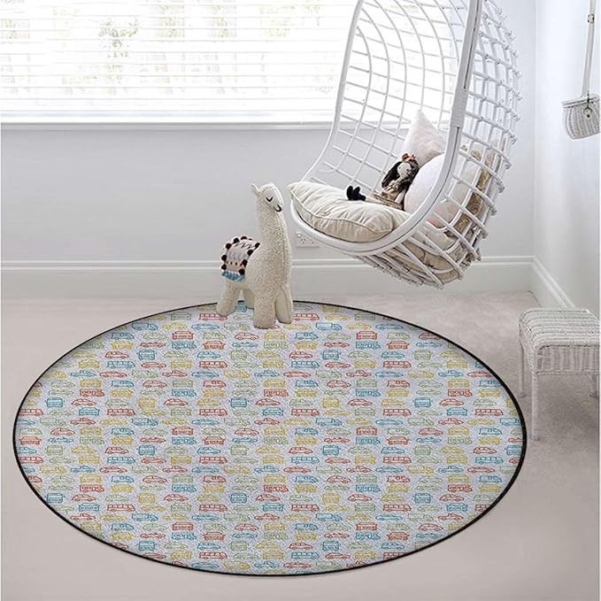 Multicolor Round RugCircle RugFarmhouse Distressed Non Slip Area Rug Round Rugs for Living Room Kitchen Bedroom Bathroom Vehicles Bus Truck Garbage Truck Cars Diameter 39.4 in
