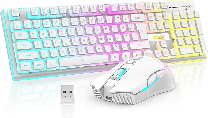 RedThunder K10 Wireless Gaming Keyboard and Mouse Combo RGB Backlit Rechargeable 3800mAh Battery Mechanical Feel Anti-ghosting Keyboard + 7D 3200DPI Mice for PC Gamer(White Pudding)
