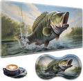 Mouse Pad Set Large Gaming Mouse Pad (31.5X 11.8 inches)+ Wrist Rest Pad + Coaster Ergonomic Wrist pad Home Office Desk Accessories Decor Supplies Large Mouth Bass Fish