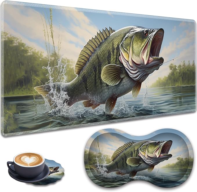 Mouse Pad Set Large Gaming Mouse Pad (31.5X 11.8 inches)+ Wrist Rest Pad + Coaster Ergonomic Wrist pad Home Office Desk Accessories Decor Supplies Large Mouth Bass Fish