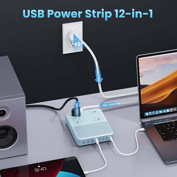 12-in-1 Charging Station USB C Power Strip with 5ft Cord200W GaN IV USB C Charger Block4 AC Outlets4 USB-A4 USB-C for MacBookiPhone 16/15/14Fast Charging Desktop Charger for Office (Light Blue)