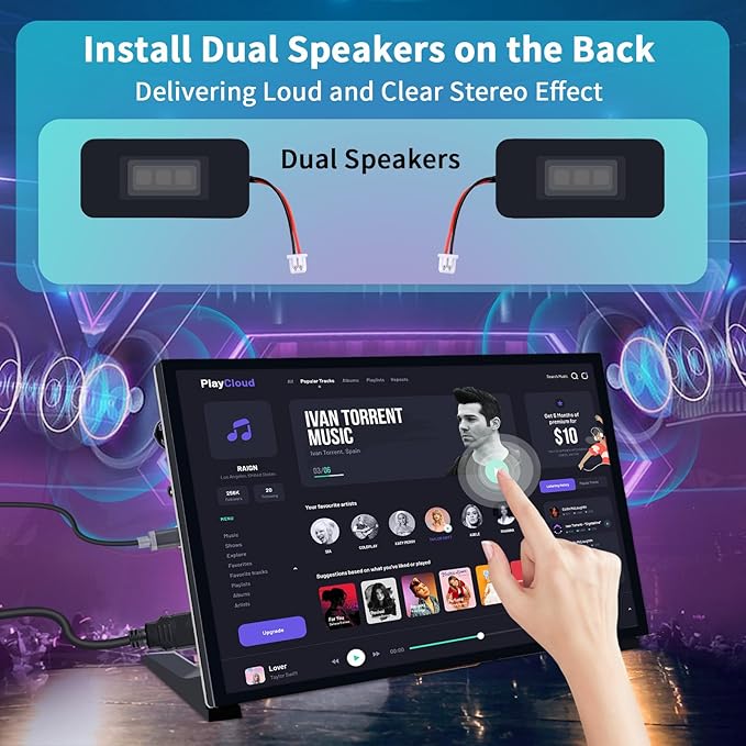 GeeekPi 10.1 Inch Capacitive Touchscreen Display 1024x600 IPS LCD with Dual-Speaker HDMI Portable Monitor for Raspberry Pi 5/4B/3B+/3B/B+/Zero/400 Win11/10/8/7 Free-Driver