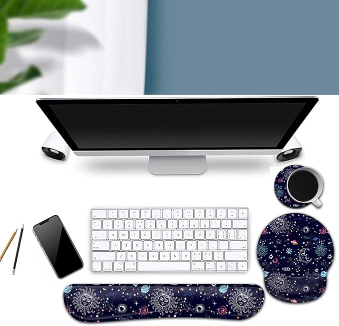 Ergonomic Mouse Pad Gel Wrist Support and Memory Foam Keyboard Wrist Rest Set for Gaming Computer Office Laptop Easy Typing Wireless Mouse MatGalaxy Constellation Sun Moon Cosmic Office Desk Pad