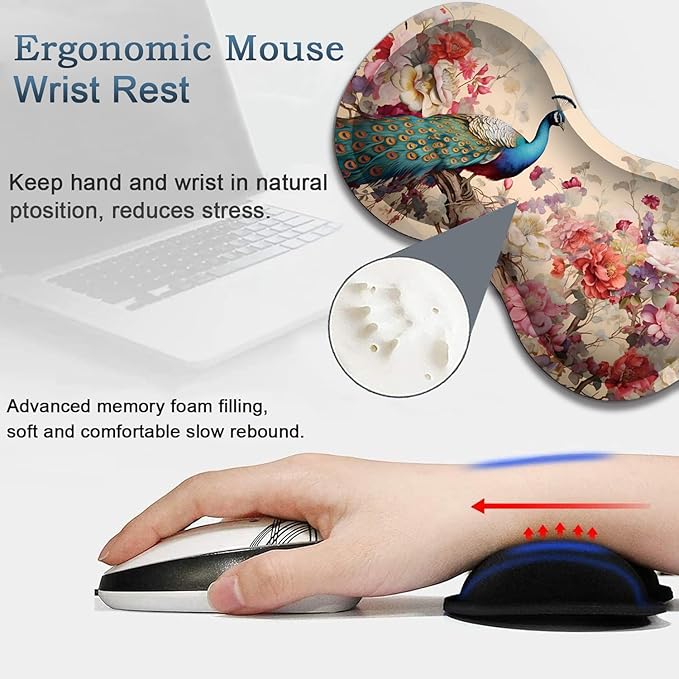 Large Gaming Mouse Pad + Wrist Rest + Lace Coaster Non-Slip Set with Sewn Edges and Waterproof Expandable Desktop Pad Suitable for Office/Home Peacock and Flowers