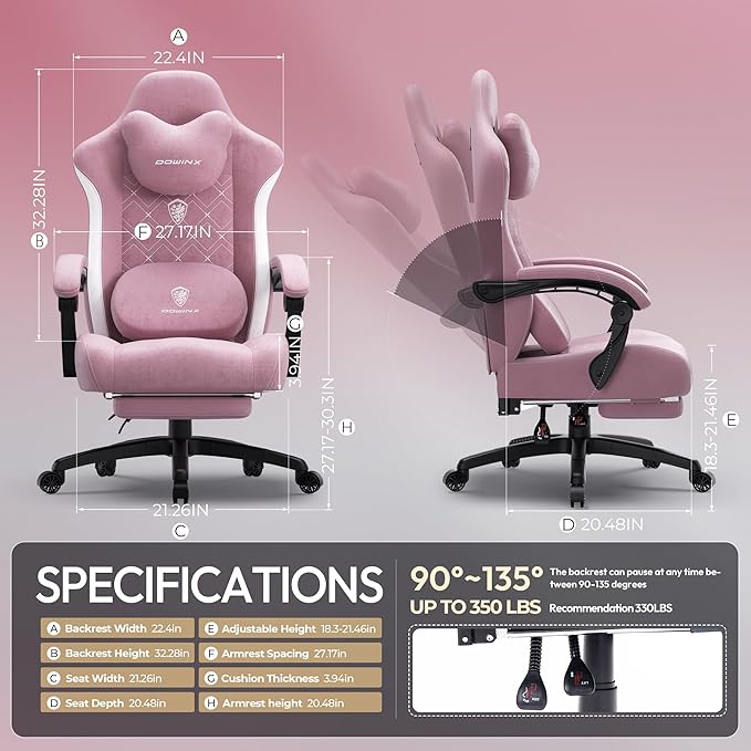 Dowinx Fabric Gaming Chair with Heated Massage Lumbar Support Computer Game Chairs for Adults Big Tall Gamer Chair with Pocket Spring Cushion and Footrest Recliner Gaming Chairs for AdultPink