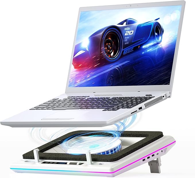 llano RGB Laptop Cooling Pad White Powerful Turbofan Quiet Cooling Touch Control LCD Screen Seal Foam 15-19in Laptops