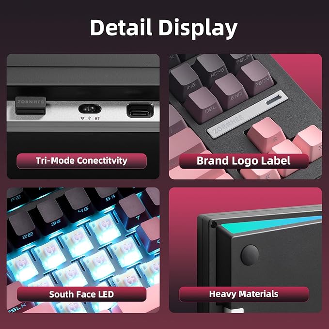 ZORNHER ZH870 Wireless Mechanical Gaming Keyboard80% Pink &amp Purple Custom Creamy Sound Keyboard with Shine Through PBT KeycapsPre-lubed Linear SwitchesHot-SwappableRGB Backlit2.4GHz/USB-C/BT5